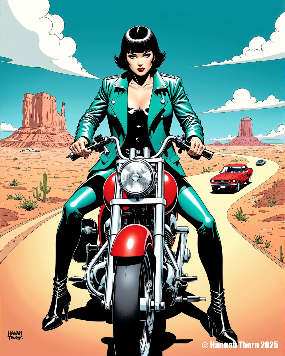 A dynamic, comic book-style illustration featuring a confident young woman with a short black bob, clad in a sleek teal leather jacket, black bodysuit, and blue leggings, perched defiantly on the handlebars of a vibrant red motorcycle.  The motorcycle speeds across a dramatic desert landscape under a brilliant blue sky dotted with fluffy clouds;  distant, stylized rocky mesas and a crimson vintage car add depth. The scene is rendered in a high-contrast, saturated palette with bold outlines, reminiscent of classic comic book art. The artist's signature, "Hannah Thorn 2025," is subtly placed in the bottom right corner.  The overall mood is one of rebellious freedom and adventure. <lora:_Flux\_Painting\Flux_Crepax.safetensors:1.0:1.0>