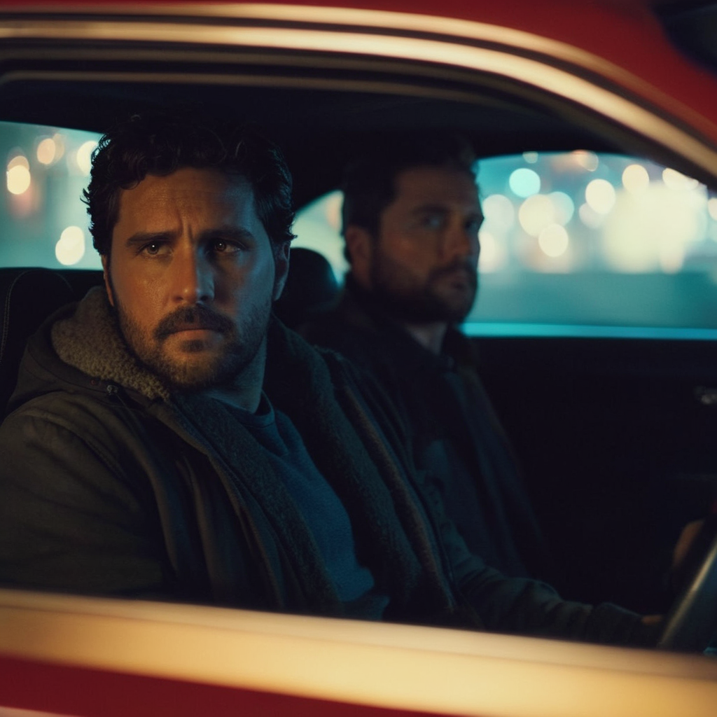 cinematic film still of  <lora:Kodak Motion Picture Film Style v4:1>
An Oscar winning movie for Best Cinematography a man sitting in a car looking at something with warm spot light behind at night Kodak Motion Picture Film Style, shallow depth of field, vignette, highly detailed, high budget, bokeh, cinemascope, moody, epic, gorgeous, film grain, grainy