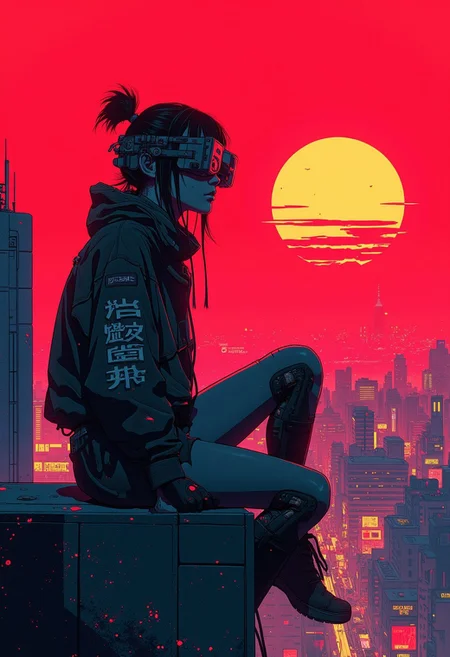 cyberpunk, anime, Cyberpunk hacker woman sitting on the edge of a building with a red sun and city behind, she has on round cyberpunk vr glasses, augmentation on side of head, highly detailed Mayhem style splattered Silhouette, background bizarre techno ghetto transmission, style minimalist, conceptual art posing Japanese, conceptual, 2d render, illustration, cinematic, photo epic action, cinematic, award winning artwork, many details, patterned illumination, bad VHS tape image artifacts, VHS Glitch On Sun