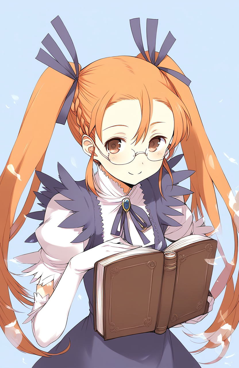 score_9, score_8_up, score_7_up, source_anime, rating_explicit, BREAK  <lora:Aliese_Martini_Ver2.0_XL:1> aliese_martini,
1girl, solo, glasses, gloves, smile, book, elbow gloves,
braid,  looking at viewer, white gloves, twintails, long hair, brown eyes, hair ribbon, brown hair, orange hair,