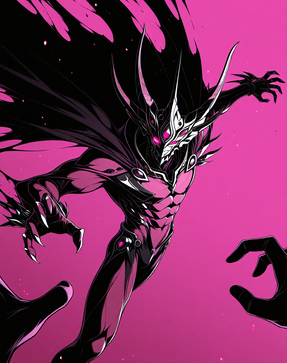perfect depth of field shot, masterpiece, beautiful, sharp focus, crisp details, 
<lora:Zoalord_(Guyver)_(Illustrious)_(AD):1> Zoalord, Guyver, monster, 
((dynamic action, dynamic perspective, dutch angle, bent knee, cowboy shot, ):1.5), 
((white and pink colored body, wearing a cape, detailed face and eyes, ):1.5), glowing eyes, solo, bioboosted body, biomechanical, end boss, perfect form, perfect proportions, abs, regal and strong, imposing, presence demands respect and deference, gradient style anime coloring,   
BREAK Smooth Quality, IllusP0s, lazyhand, lazympos, lazynsfw,