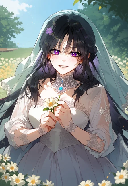 zPDXL3, score_9_up, score_8_up, score_7_up, (Anime_source), 1girl, Reneille, purple eyes, black hair, long hair, bun hair, braid, bride clothes, holding banquet flower, cowboy shot, looking at viewer, parted lips, blush, smile,