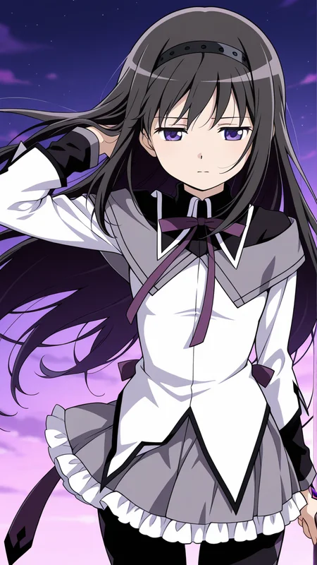 solo, close-up, floating hair, hand in own hair,, masterpiece, best quality, amazing quality, very aesthetic, absurdres, newest, anime screencap, <lora:checkpoint-e18_s792:1>, akemi homura, black hair, long hair, purple eyes, hairband, black hairband, sidelocks, magical girl, grey skirt, grey coat, frills, frilled skirt, neck ribbon, purple ribbon, ribbon, skirt, coat, black pantyhose, pantyhose, black capelet, capelet, shirt, white shirt,