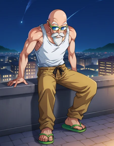 score_9, score_8_up, score_7_up, source_manga, colored,
roshixl, 1boy, tank top, sunglasses, bald, male focus, slim, night, cityscape, sandals,
<lora:roshi:0.9>