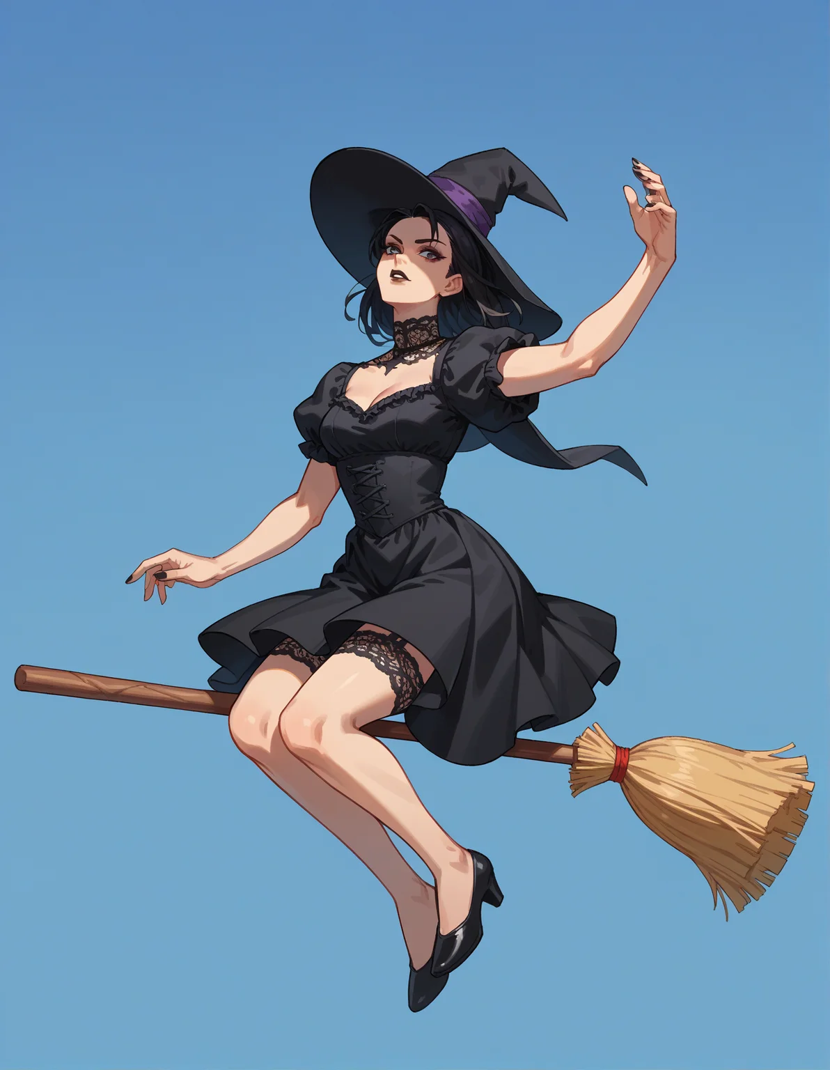 Street Fighter style score_9, score_8_up, score_7_up, score_6_up, score_5_up, score_4_up, hud_br00m, 1girl, solo, broom, Ivory and black gothic ballgown with intricate beading, a high lace neck, fitted bodice, photo by Ellen von Unwerth, broom riding, long black hair, witch hat, <lora:hud_br00m_XLP:0.8>, flying