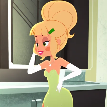 <lora:MissTinker_pony_v1:.8> MissTinkerDress, 1girl, green dress, elbow gloves, blonde hair, blush stickers, hair ornament, white gloves, single hair bun, makeup, hairclip, jewelry, necklace, bare shoulders, strapless, lipstick, small breasts, alternate hairstyle, sidelocks, long dress, cowboy shot