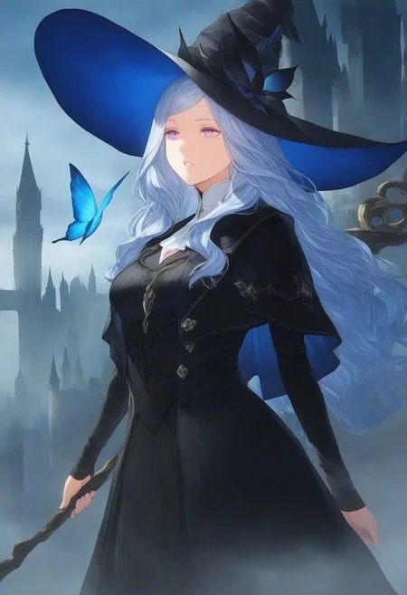 score_9, score_8_up, (best quality) , (highly detailed) ,masterpiece ,absurdres ,detailed face ,beautiful face, detailed eyes,
Saryu(NieR_Reincarnation), 1girl, solo, long hair, grey hair, hair ornament, purple eyes, witch, witch hat, long sleeves, coat, blue hair, blue butterfly, holding staff, posing, castle, fog, parted lips
