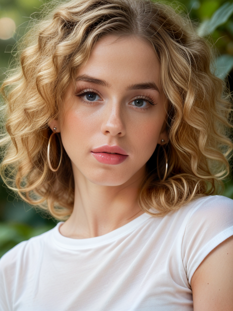 score_9, score_8_up, score_7_up,  LilyDemure33, Lily Demure, <lora:LilyDemure33-pony:1>,  1girl, solo, portrait, shiny lipgloss, lips, vintage aesthetic, close-up, (fair skin), big hair, blonde hair, tee shirt, lipstick, solo, blush, looking at viewer, bokeh, focus, film, velvia, film grain, best quality, photograph, focus, earrings, garden