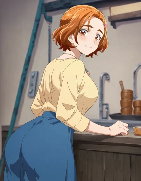 score_9, score_8_up, score_7_up, 1girl, solo, anime screencap, 1girl, solo,hyuugasaki, jewelry, hair ornament, smile, looking at viewer, shirt, hairclip,yellow shirt, blue skirt,necklace, cowboy shot,medium breasts,blush,from behind,huge ass <lora:hyuugasaki:0.8>