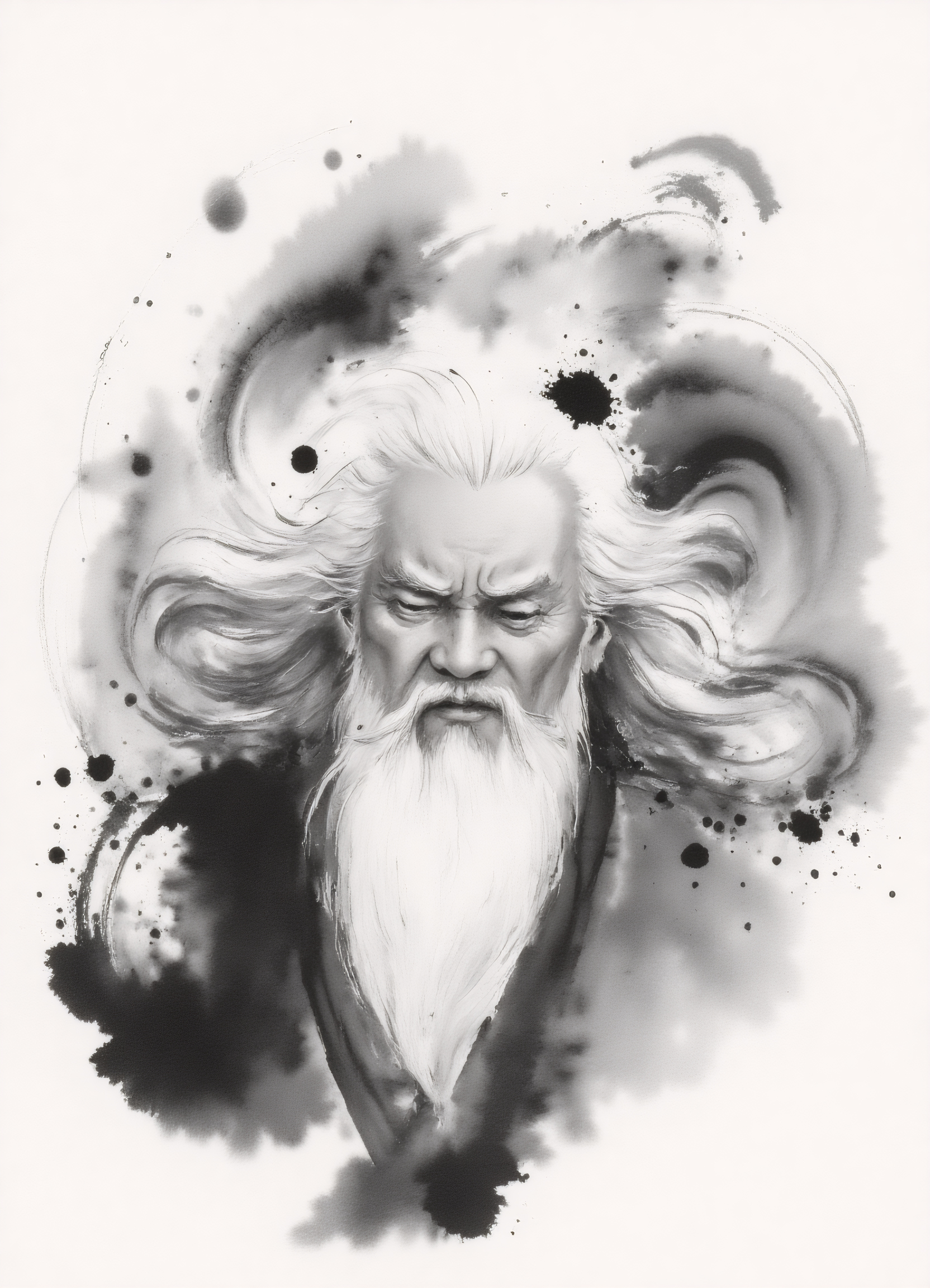 zydInk, monochrome, , a Chinese old man from half-side, long white hair, closed eyes, a stern, intense expression, with a furrowed brow and narrowed eyes. abstract and dynamic background, swirling ink strokes, motion and energy around the figure, snowflakes floating in air.
