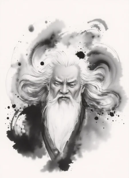 zydInk, monochrome, , a Chinese old man from half-side, long white hair, closed eyes, a stern, intense expression, with a furrowed brow and narrowed eyes. abstract and dynamic background, swirling ink strokes, motion and energy around the figure, snowflakes floating in air.