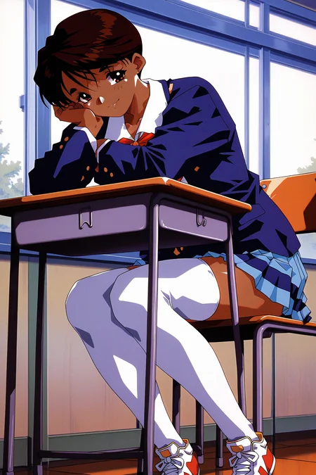 masterpiece, best quality, amazing quality, absurdres, solo, tohno mizuki, smile, sitting, chair, school desk, closed mouth, head on hand, elbow rest, looking at viewer, short brown hair, brown eyes, dark skin, school uniform, blue blazer, white shirt, blue striped skirt, pleated skirt, white thighhighs, white sneakers, indoors, classroom, window