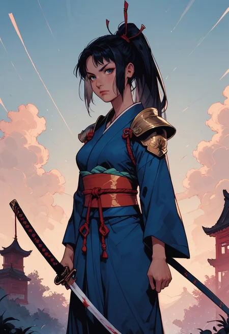 score_9, score_8_up, score_7_up, 1girl, armor, weapon, shoulder armor, ponytail, japanese clothes, sword, japanese armor, holding, solo focus, black hair, long hair, sash, holding weapon, outdoors, breasts, kimono, samurai, pauldrons, kote, closed mouth, katana, polearm, rope, arm guards, holding sword, blue kimono, genderswap \(mtf\), solo, sky, medium breasts, obi, rope belt, blood, zPDXL3, detailxl, Score_PnyReal, dynamic lighting,sunrays