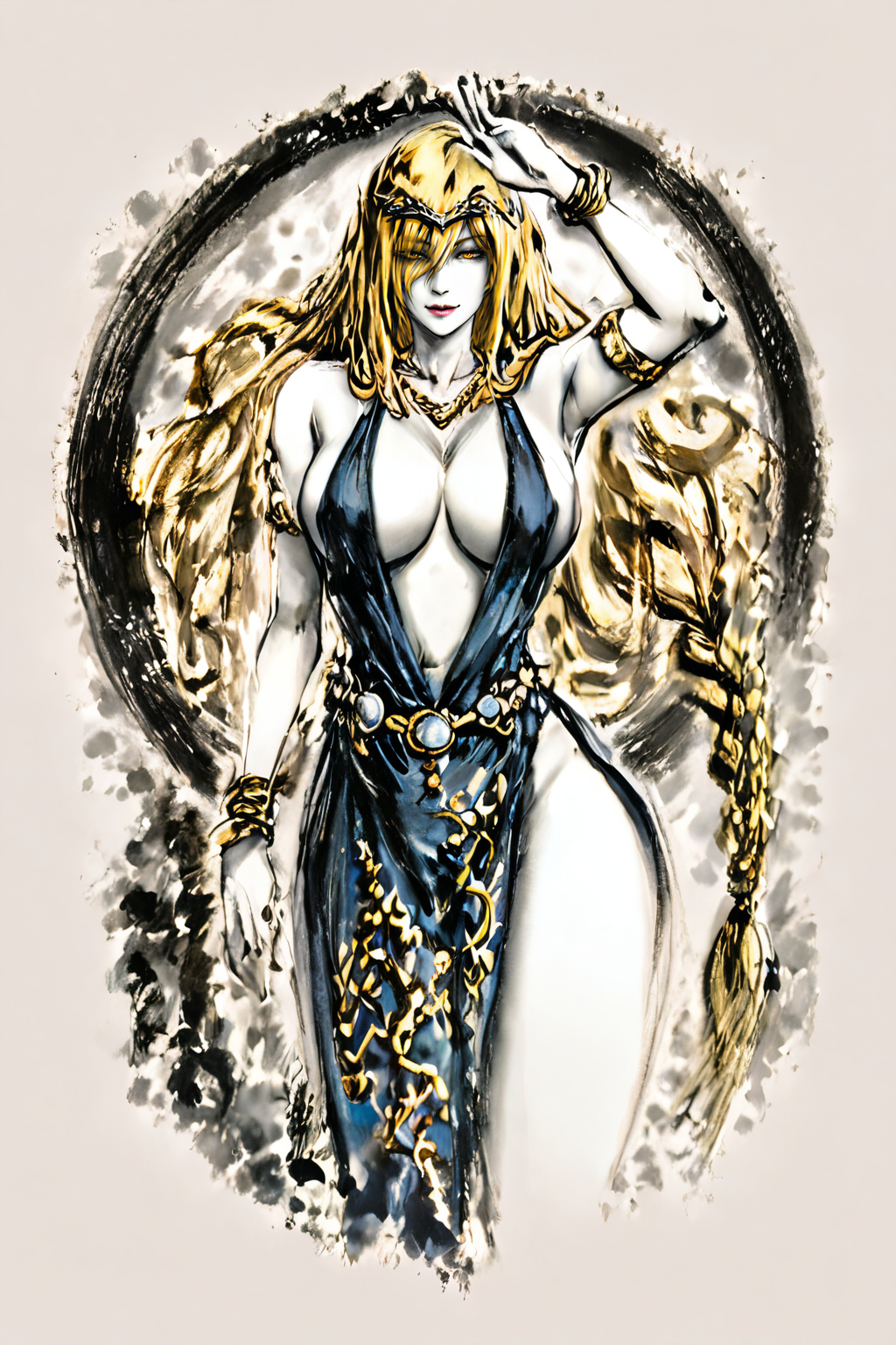 score_9,score_8_up,score_7_up,
<lora:InkStyle_Pony:0.9>,
ink wash painting,inkblot,
<lora:Marika_Pony:1>,
Marika,Elden Ring,1girl,breasts,blonde hair,jewelry,long hair,solo,large breasts,dress,yellow eyes,braid,bracelet,hair over one eye,circlet,looking at viewer,armpits,arm up,very long hair,necklace,pelvic curtain,thighs,cleavage,blue dress,plunging neckline,armlet,lips,, best quality , masterpiece, illustration, an extremely delicate and beautiful, extremely detailed ,CG,unity,8k wallpaper, Amazing, finely detail, masterpiece, best quality,official art,extremely detailed CG unity 8k wallpaper,absurdres, incredibly absurdres, huge filesize , ultra-detailed, highres, extremely detailed,beautiful detailed girl, extremely detailed eyes and face, beautiful detailed eyes,light on face,