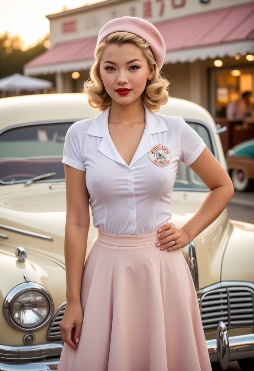 (medium full shot) of (fashionable 1940s pin-up girl) young woman, chinese, tan skin, hazel eyes, full-figured build, extra long blonde shag cut hair, wearing a white vintage t-shirt, a-line skirt, oxfords, soft blush, stylish beret, set in the year 1940s, in   a stylish drive-in, with elegant decor, plush seating, vintage cars, a chic, retro atmosphere, during sunset,  Masterpiece,best quality, photo, realistic, very aesthetic, detailed face,