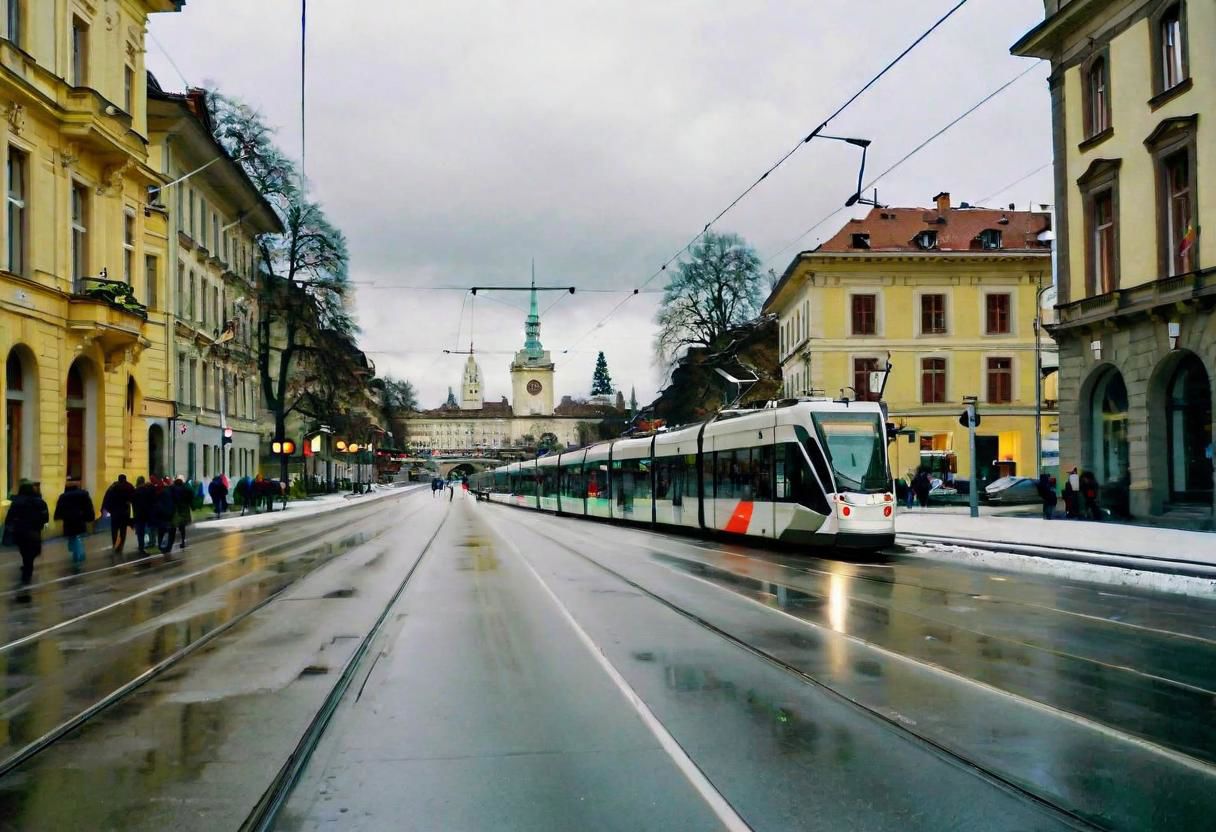 Bern downtown in winter, snowy, cloudy, people, modern tram, raw style