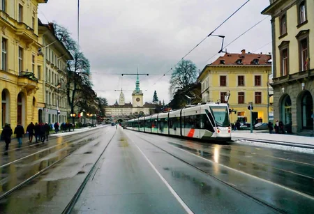 Bern downtown in winter, snowy, cloudy, people, modern tram, raw style