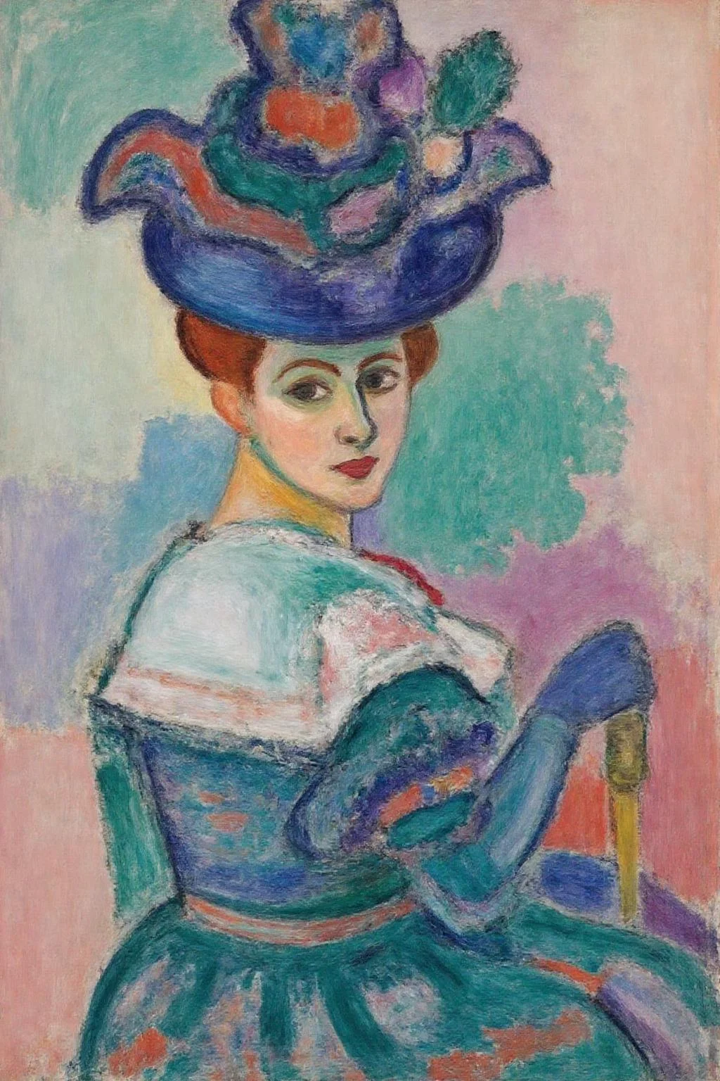 henrimatisse1 painting.
Portrait of a seated woman, shown in side profile, wearing a vibrant, colorful 19th-century outfit and long gloves. She is turning her head to look at the viewer. Her gloved hand is resting on a walking cane. She is wearing a large, elaborate hat that is composed of various shapes and colors, including shades of blue, green, and purple. The background consists of a mix of pastel colors, including soft pinks, greens, and blues. <lora:henrimatisse1_f16e11:1.0><lora:870751551990326121:0>