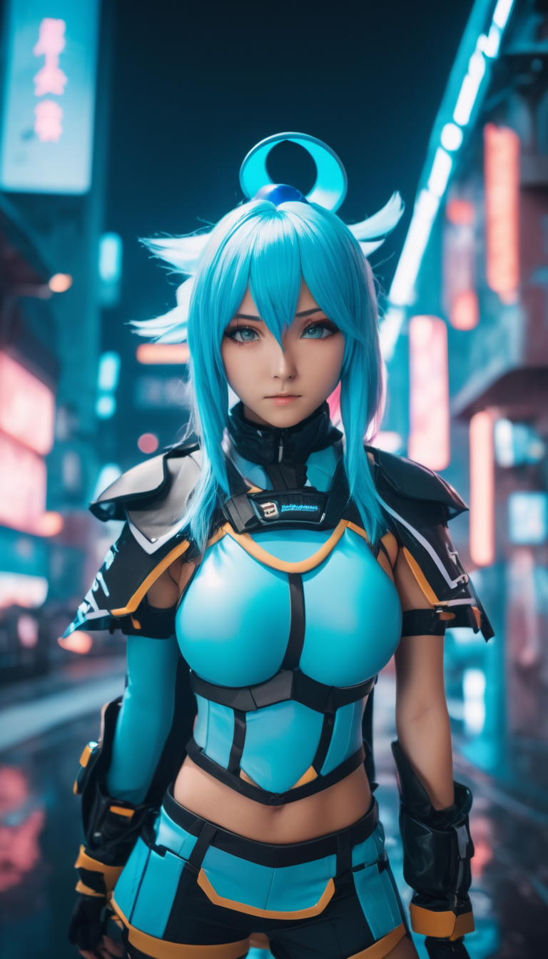 cinematic photo Aqua, Konosuba, (reimagined in a cyberpunk universe), (cyberpunk style), (cyberpunk), (cyberpunk outfit), augmentation, cybernetics, (cyberpunk outfit), (punk hair), glowing neon lights, cinematic scene, hero view, action pose, masterpiece, best quality, high quality, absurdres, vivid <lora:aqua_xl_v1:1> . 35mm photograph, film, bokeh, professional, 4k, highly detailed
