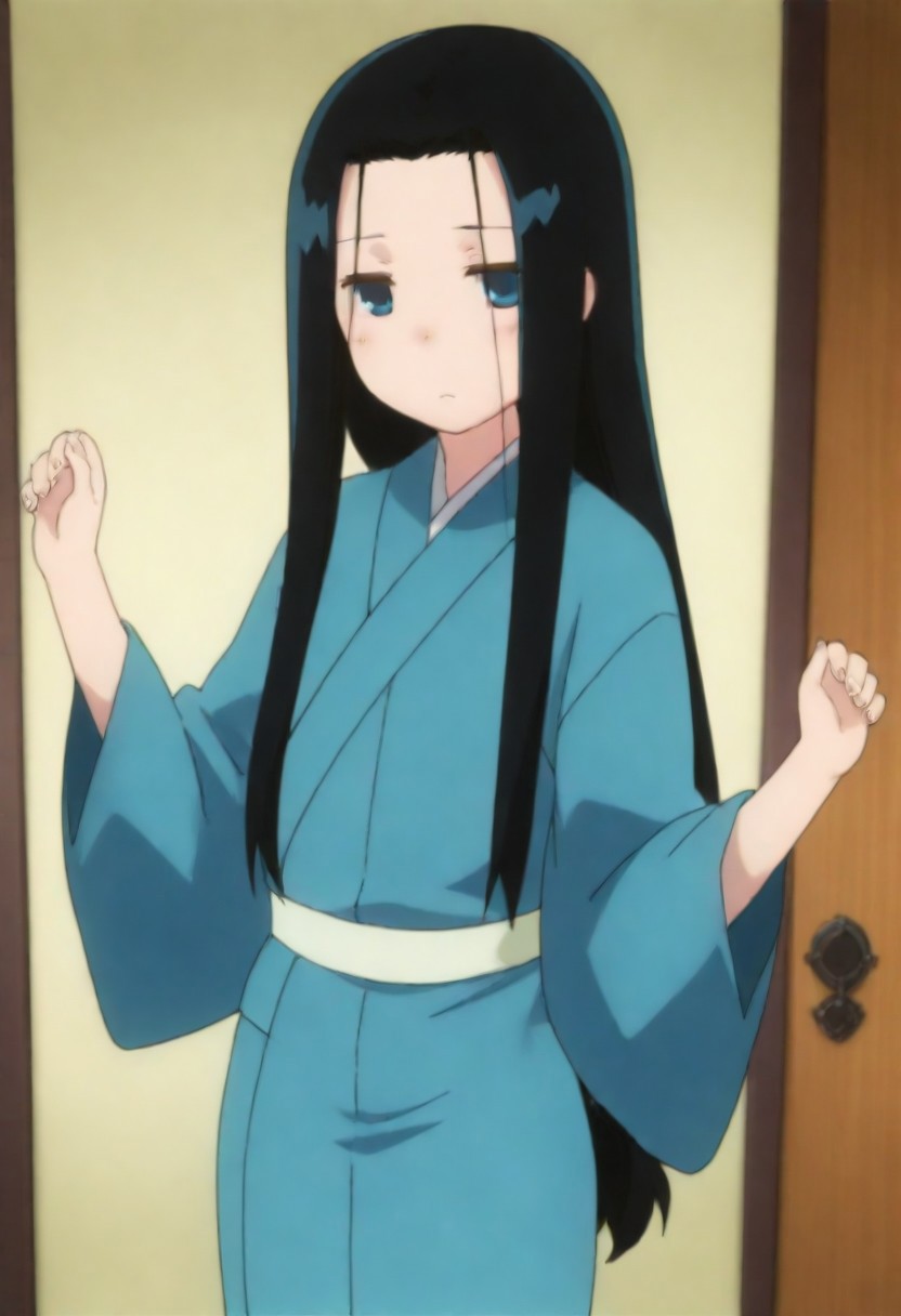 masterpiece, best quality, amazing quality,,, shiny skin,,,,,, anrakutei, blue_eyes, black_hair, very_long_hair, blue_kimono, long_sleeves, wide_sleeves,