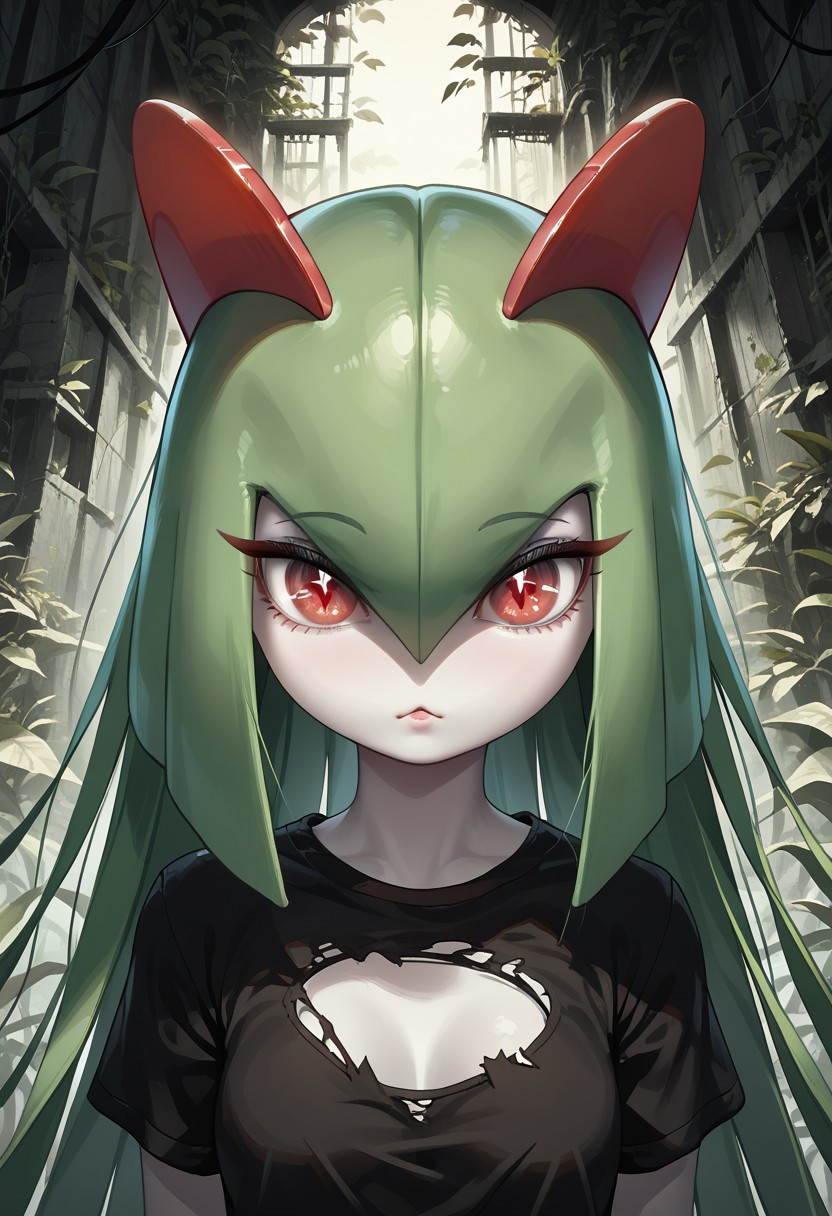 (((Kirlia))), female, anthro, pale white skin, score_9,score_8_up,score_7_up, masterpiece, best_quality, ultra-detailed, masterpiece, 1girl, solo, kirlia, black hair, very long hair, red eyes, cute, perfect face, thick eyeliner, hourglass body, high quality, low light, dramatic lighting, darkness, intricate details, portrait, ((face focused)), wearing ripped dirty black t-shirt, detailed background, post-apocalypse background, ruined house, overgrown with plants, (perfect eyes:1.3,((cat pupils))),dvr-lnds-sdxl, combinestyle