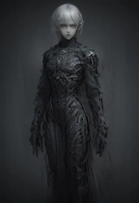 Setting within dark concrete ruins.
Full body portrait, angry expression, looking at camera, standing, feet visible, normal human proportions,
man, tall smart person, royal soldier, royal military, regal being,
ornate uniform, (white and gold porcelain royal celestial clothes), holding scifi weapon, mechwear, commando uniform, crystal details in armor, crystal ornate earrings, crystal jewelry, details fractal armor,
((((crystallization of the face)))), teeth made of quartz, ((((eyes made of ulexite)))), hair made of Fanlike acicular-fibrous crystal groups, thin crystal hair, flowing white fractal hair, large perfect eyes, crystal iris, eyes made of crystal, ((white porcelain skin)), (white_skin), glowing clear eyes, celestial eyes, interweaving techno-anatomical and fractal elements, Ellen Jewett's intricate sculptural craftsmanship, no eyebrow hair,
dynamic lighting highlighting multifaceted textures, cinematic post-processing for an exquisite visual narrative, breathtaking surreal masterpiece,
sci-fi royal palace setting, single source lighting, low light setting, dark room, intense lighting,