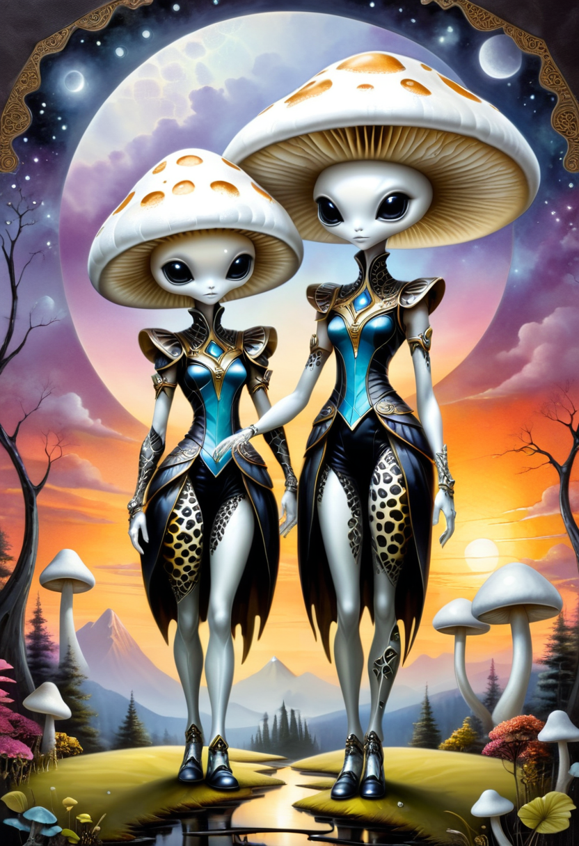 Two elegant aliens with white mushroom-shaped heads, Two beautiful female figures, geometric animal print, Skottie Young, artwot1pwr, Thomas Kinkade, leather background,, fractal, sunset tones, weathered finish, Distant Horizon, Damask, gloss finish accents, one dark and the other light, encaustic, linen  <lora:artfully_SELECTED:0.505>