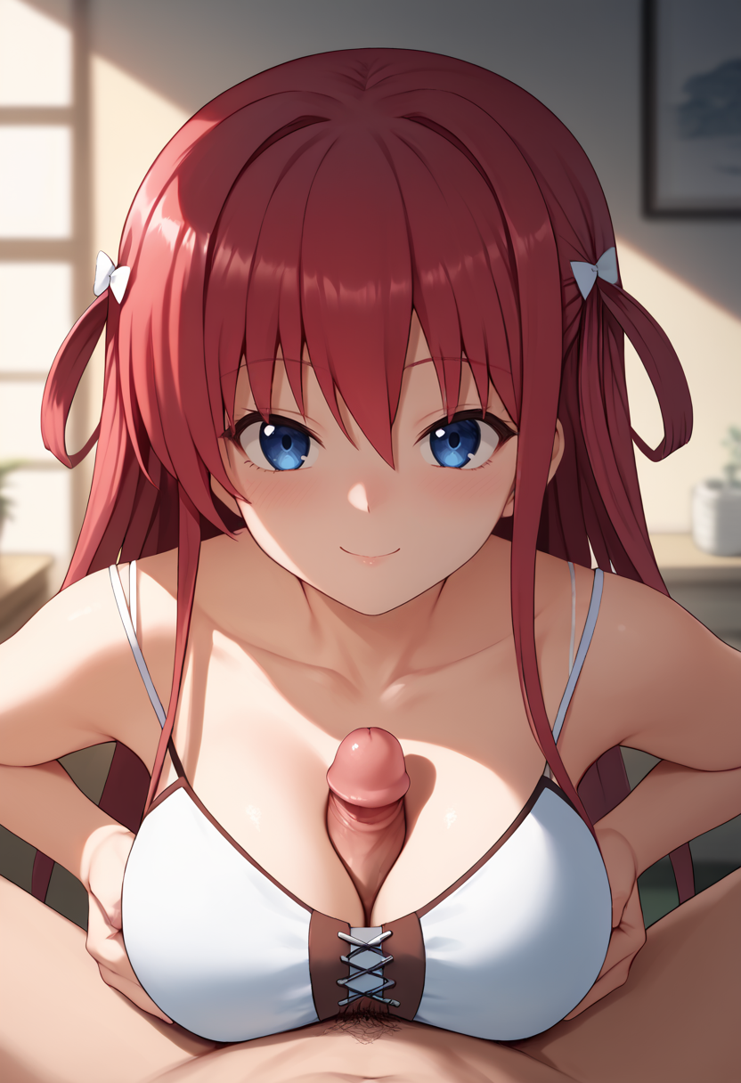 score_9, score_7_up, 1girl, suou amane, two side up, long hair, red hair, blue eyes, large breasts,  white camisole, pov, paizuri, penis, smile,      <lora:Suou Amane 3-000009:1>