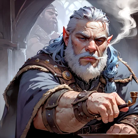 score_9,score_8_up, score_8,
dark, brooding,
1boy, portrait, cowboy shot, dwarf, wrinkled skin, beard, half-closed eyes, smoking pipe,
<lora:Expressive_H:0.5> <lora:Dungeons_and_Dragons_Art_Style-000003:1>