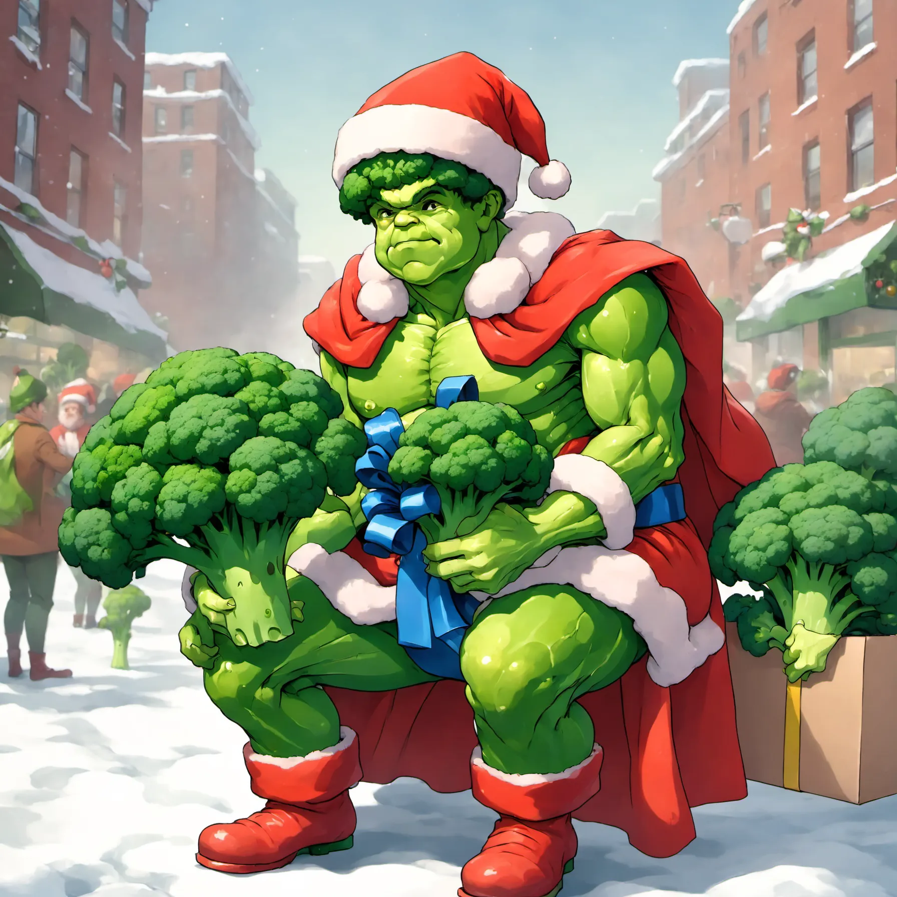 <lora:xmas-broccoli-man:0.8>xmasbroccoliman,He handed over broccoli as a gift in city.