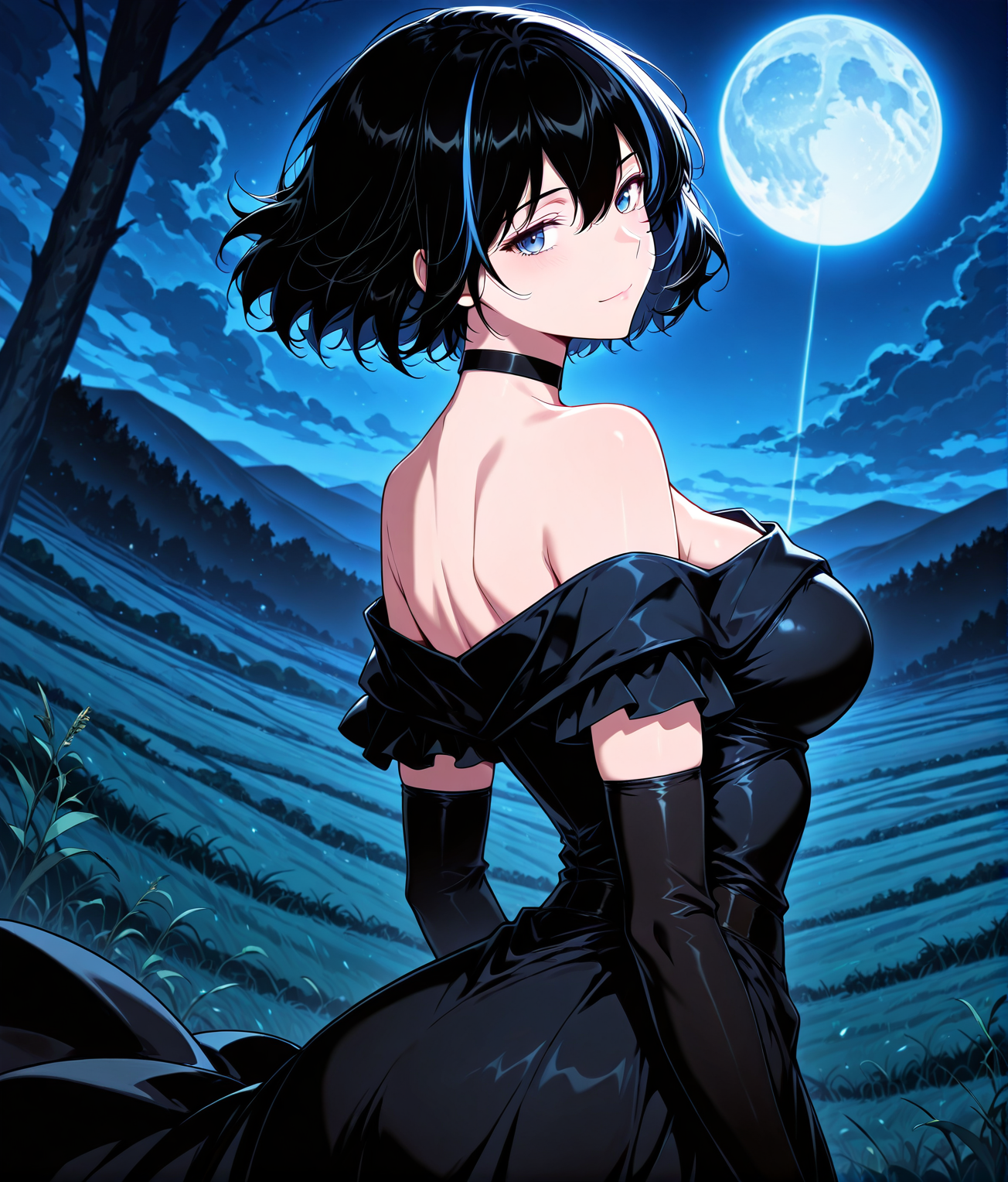 <lora:Cheon_Soyeon__The_Knight_King_Who_Returned_with_a_God__Illustrious:1>
1 girl, solo, black hair, short hair, loose hair, blue hair streak, multicolored hair, streaked hair, bangs, hair between eyes, blue eyes, large breasts
dress, black dress, long dress, cloves, elbow gloves, black cloves, bare shoulders, off shoulder, choker, black choker
score_9, score_8_up, score_7_up, very aesthetic, source_anime, detailed, high quality, beautiful, masterpiece, detailed eyes, field, blurry background, pose dynamic angle, upper body, cowboy shot, light smile, looking back, reaching out, floating hair, looking at viewer, night, blue moon,  <lora:iLLMythG0thicL1nes:1>