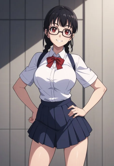 shiizaki lulu, 1girl, solo, glasses, black hair, braid, large breasts, red eyes, school uniform, standing, hand on hip, smile, score_9, score_8_up, score_7_up, score_6_up, score_5_up, score_4_up