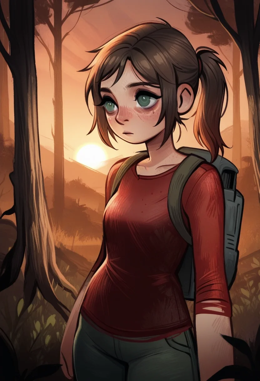 d0p4style, masterpiece, best quality, solo, ellie\(the last of us\), green eyes, ponytail, freckles, wooded area, trees, backpack,, red shirt, sunset, warm colors,