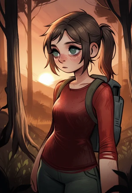 d0p4style, masterpiece, best quality, solo, ellie\(the last of us\), green eyes, ponytail, freckles, wooded area, trees, backpack,, red shirt, sunset, warm colors,