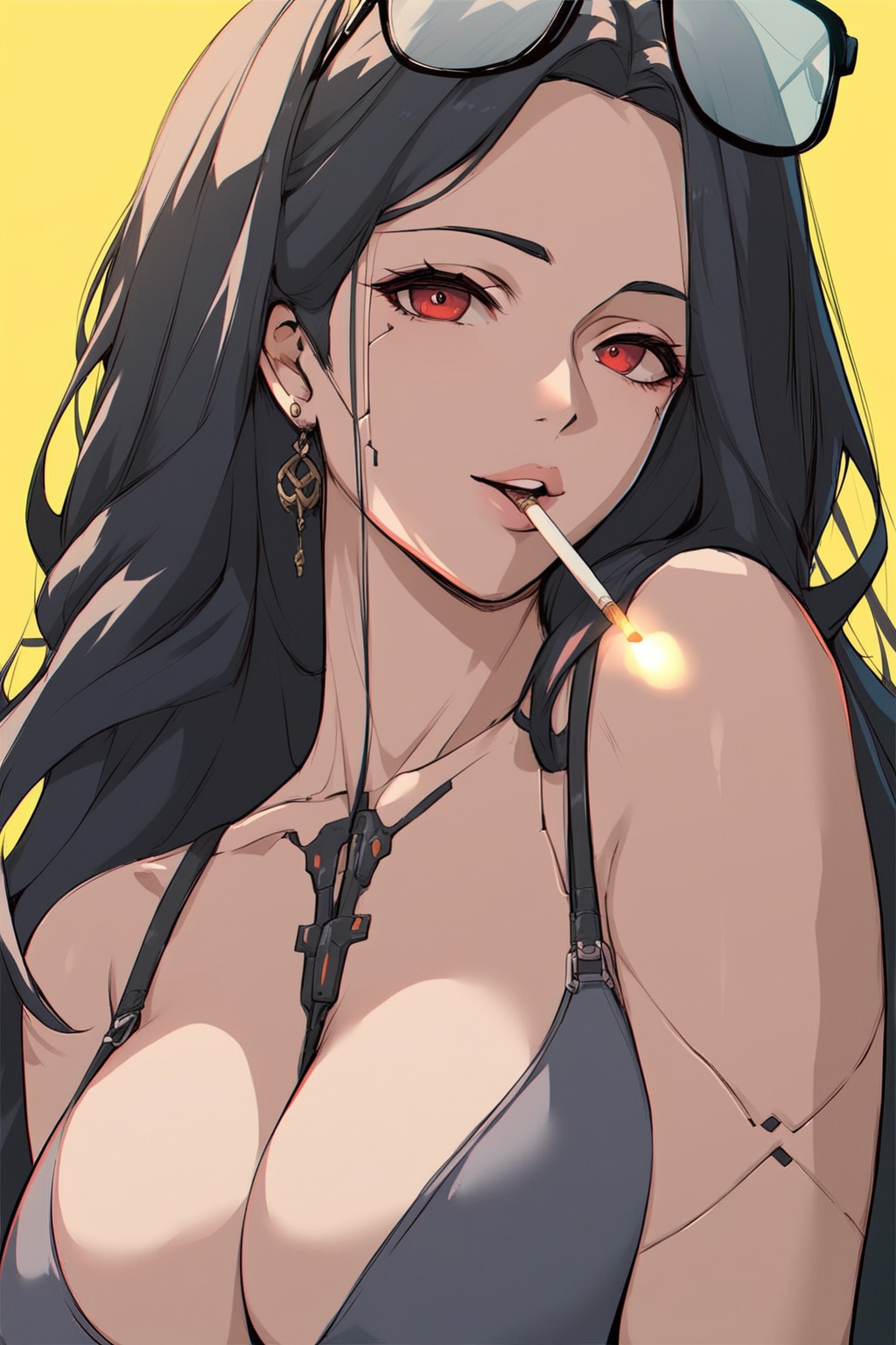 1girl,maiden \(under the sun\) \(nikke\),solo,long hair,looking at viewer,black hair,red eyes,eyewear on head,cyberpunk,yellow background,smoking,cover,sensitive,mature female,badass,score_9,score_8_up,score_7_up,score_6_up,score_5_up,score_4_up,<lora:maiden-sun-v1-sdxl:0.7>,