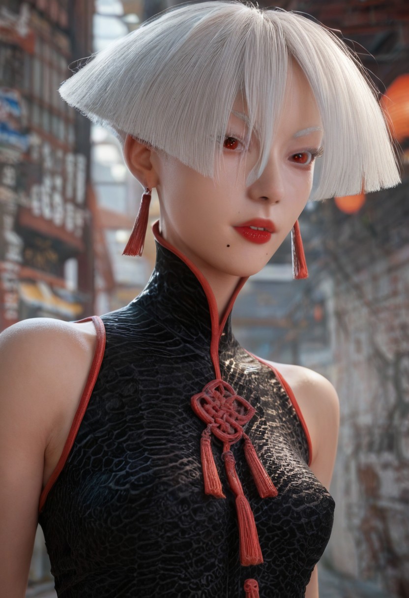 zPDXL2, very sharp,  detailed face, face focus,  1woman, akixl, AKI, skinny, Chinese clothes, white hair, red eyes, red lips, mole under mouth, short hair, fingernails,<lora:Dynamic Poses:1>50% studio lighting, 50% soft lighting Chinese village,