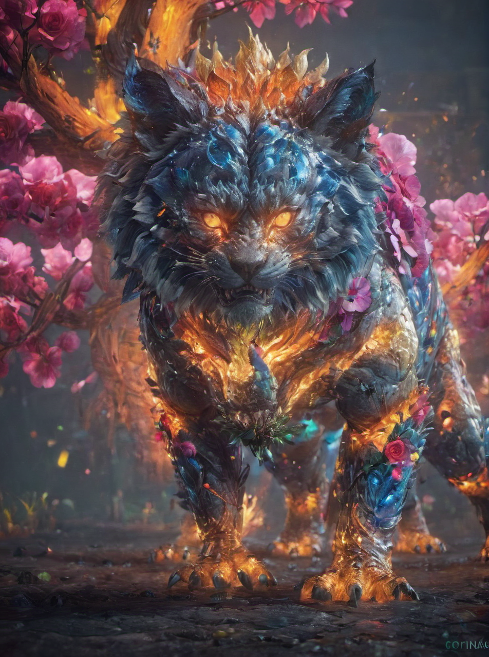 tiger,hyperdetailed photography,awardwinning,masterpiece,epic,trending on artstation,raw photo,128k UHD,sharp focus,bokeh,50nm lens,solo,hyperrealism,absurd res,private photo press,aesthetic,<lora:darksoulsstyle-000005:0.6>,glowing,rainbow color yokai form,clovers,roses,<lora:betmd2:0.6> betmd, <lora:niohxlyaki2-step00000420:0.8>,niohxlyaki
