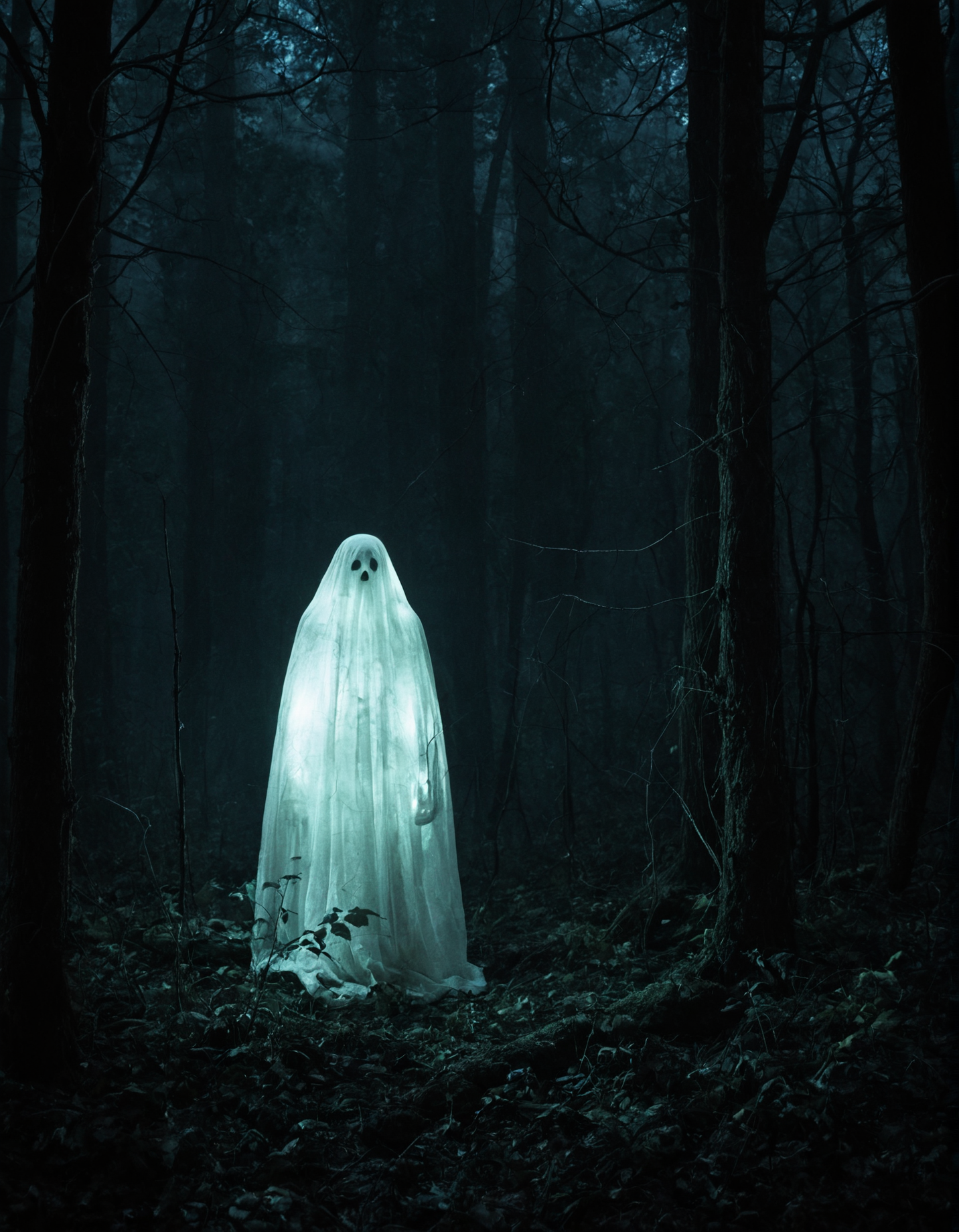 A dark fantasy photo of a mysterious ghost figure, floating in an misty forest. The figure's eyes are glowing. Eerie atmosphere, cinematic lighting, high contrast, matte finish, horror, film still