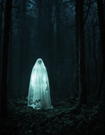 A dark fantasy photo of a mysterious ghost figure, floating in an misty forest. The figure's eyes are glowing. Eerie atmosphere, cinematic lighting, high contrast, matte finish, horror, film still