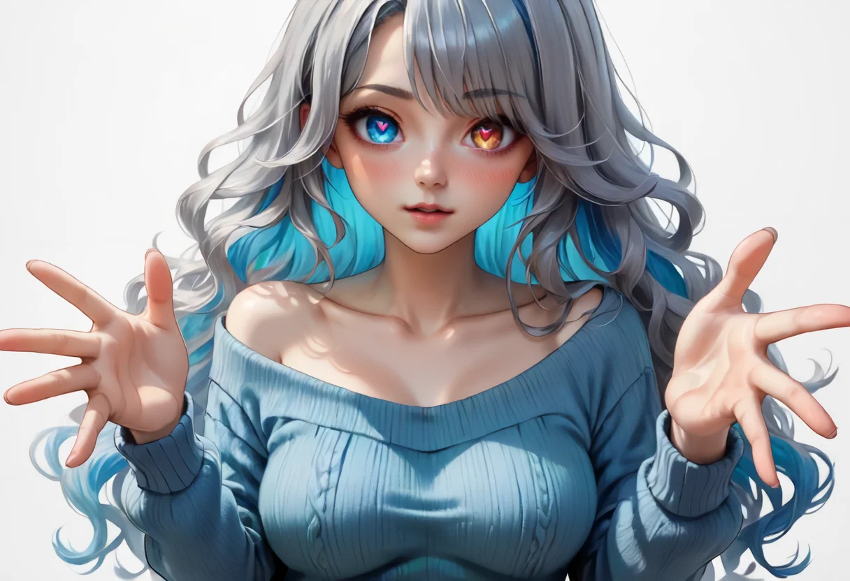 score_9,score_8_up,score_7_up,score_6_up,score_5_up,score_4_up,<lora:Anime_Style_For_Pony:0.5>,source_anime,perfect eyes,1girl,blue eyes,blue hair,blue sweater,blush,breasts,breasts apart,collarbone,colored inner hair,drop-shaped pupils,grey hair,heart,heterochromia,long hair,looking at viewer,medium breasts,multicolored hair,reaching,reaching towards viewer,sitting,solo,sweater,symbol-shaped pupils,wavy hair,white background,