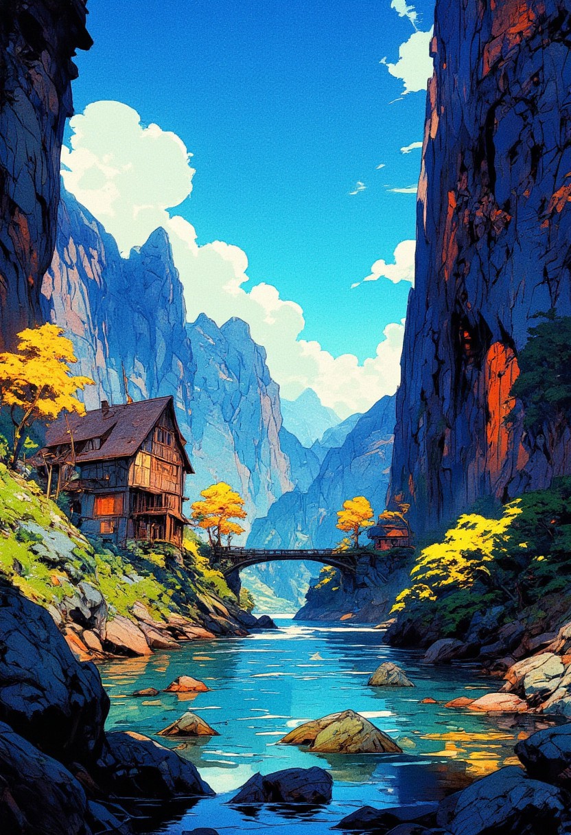 Viral anime nature wallpaper in 4K, Pixar 3D-inspired with a Coco-like aesthetic. a serene and picturesque landscape. A river flows gently through the center of the scene, its surface reflecting the vibrant blue sky and fluffy clouds overhead. The riverbanks are adorned with lush green foliage and dotted with large, moss-covered rocks. On one side of the river, a small village nestled amidst towering cliffs catches the eye. The village is composed of quaint, dark-roofed buildings with warm, inviting lights glowing from their windows. A few trees with golden leaves add a touch of autumnal color to the scene. The other side of the river features a more dramatic landscape. A sheer cliff face rises steeply, its surface a deep blue that contrasts beautifully with the golden trees scattered along its base. A narrow path winds its way up the cliff, leading towards a hidden cave or perhaps a secret dwelling,  anime, cyberpunk