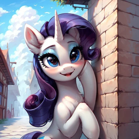 masterpiece, score_9, score_8_up, score_7_up, (best quality:1.1), ultra-detailed, high resolution, 1 girl, solo, pony, highly detailed macro illustration, Rarity smiling, blushing, hooves on face, Rarity, feral, female, mare, cute, long eyelashes, outside, (((beautiful detailed eyes))), Long eyelashes, fluffy, ear fluff, long eyelashes, (cornering), taking cover, spying, marble wall, Highly Visible, (((8k))), sharp focus, perfect lighting, anatomically correct, extremely detailed, shine on body, (Water town,, high detail, cute face, Expressiveh, detailed background, OverallDetail, zPDXL2, <lora:Corneringv1:0.8>