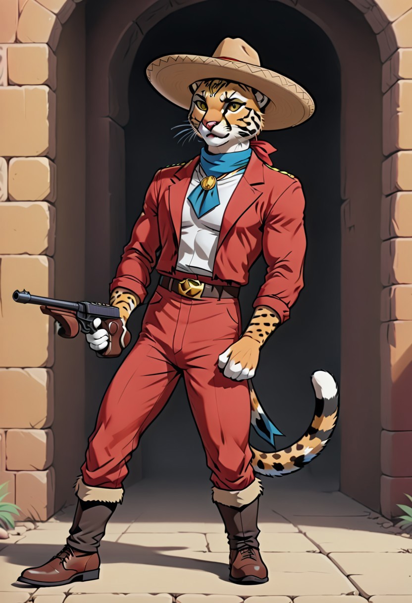 4K,masterpiece,1boy,mature male,full body,from side, style of 80scartoon,SMheroes style,flat colors,vibrant colors,bright colors,
feline_hybrid,Ocelot,(charro:1.3),face of an Ocelot,animal face,cat eyes,(looking to the side:1.4),red suit,yellow trimmings,suede shoes,(sombrero: 1.3),neckerchief,holding gun, aiming,(tmmygn:1.5),
