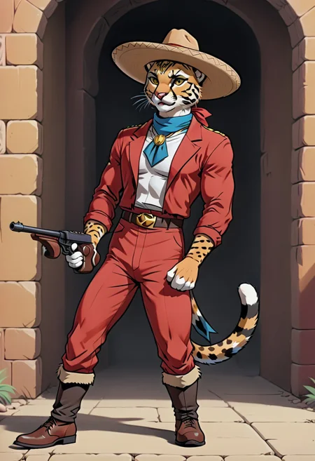 4K,masterpiece,1boy,mature male,full body,from side, style of 80scartoon,SMheroes style,flat colors,vibrant colors,bright colors,
feline_hybrid,Ocelot,(charro:1.3),face of an Ocelot,animal face,cat eyes,(looking to the side:1.4),red suit,yellow trimmings,suede shoes,(sombrero: 1.3),neckerchief,holding gun, aiming,(tmmygn:1.5),