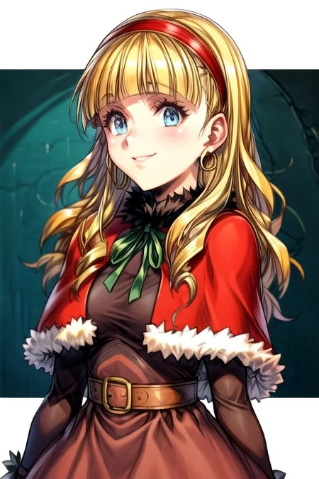 (best quality) , (highly detailed) ,masterpiece ,absurdres ,detailed face ,beautiful face ,(detailed eyes, deep eyes, anime eyes) ,1girl , solo, upper body, slight smile, small breasts
 CatherineDigimon, 1girl, solo, long hair, blonde hair, long sleeves, red dress, red hairband, blunt bangs, fur trim, redcapelet, drill hair, blue eyes, green ribbon, fur-trimmed capelet, headband, jewelry, belt, cape, hoop earrings, blue skirt, brown shoes, Cape, Smile, Happy,
