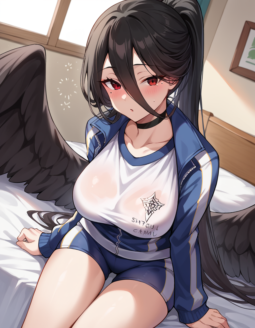 score_9, score_8_up, score_7_up, source_anime,
bluearchivehasumi, <lora:hasumi-hanekawa-ponyxl-lora-nochekaiser:1>,
hasumi, black hair, hair between eyes, long hair, mole, mole on breast, mole under eye, red eyes, wings, black wings, low wings, feathered wings,
blue jacket, blue shorts, choker, collarbone, gym uniform, high ponytail, jacket, long sleeves, official alternate costume, shirt, short shorts, shorts, white shirt,
indoors, bed, bed room, on side, blush, drunk,
looking at viewer, dutch angle, cowboy shot,