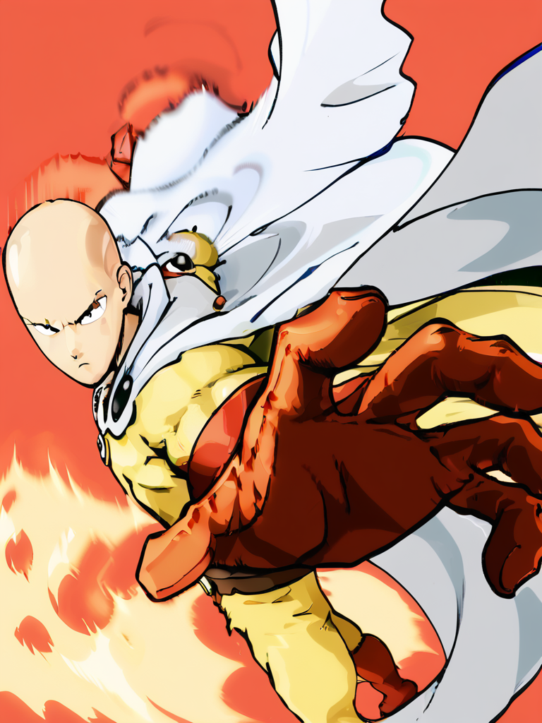 saitama (one-punch man), bald, 1boy, male focus, red gloves, boots,  white cape, red background, frown, bodysuit, closed mouth, pepe punch pose,motion blur,looking at viewer,from side, zipper<lora:saitama:0.8> <lora:xl_XL_pepe_punch(pony)3:1>