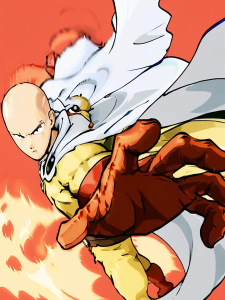 saitama (one-punch man), bald, 1boy, male focus, red gloves, boots, white cape, red background, frown, bodysuit, closed mouth, pepe punch pose,motion blur,looking at viewer,from side, zipper<lora:saitama:0.8> <lora:xl_XL_pepe_punch(pony)3:1>
