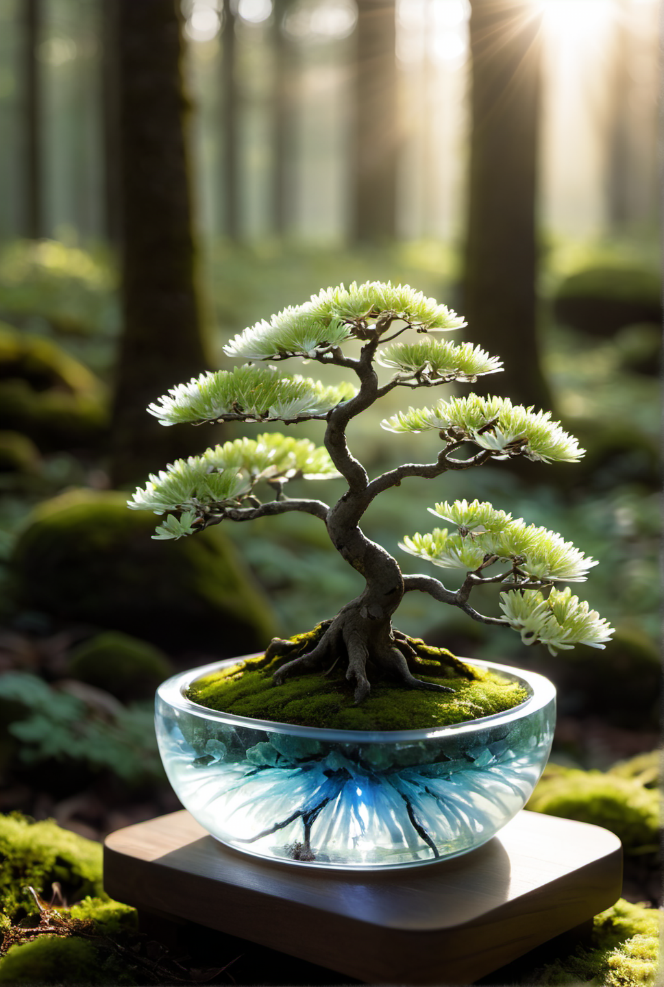 a small (bonsai tree) (made from glass:1.21), (white glass branches:1.14), (green glass leaf:1.21), standing in a mossy forest clearing,  dappled shadows, dappled sunlight, Dawn's first rays, soft, warm, blue-tinged light, the subtle glow of frosty grass, breath visible in the cold airDAYTIME {__effects__|}