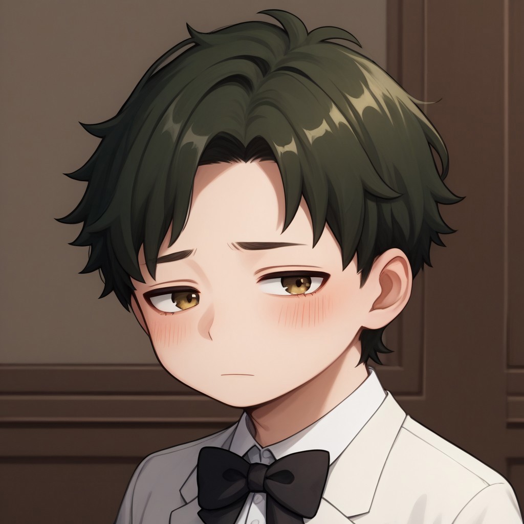 score_9, score_8_up, score_7_up, source_anime, highly detailed, cute boy, 1boy, solo, young, damian desmond, short hair, brown hair, brown eyes, white tuxedo, white pants, black bow tie, black socks, white dress shoes, blushing, shy, looking away from viewer, looking slightly to the side, avoiding eye contact